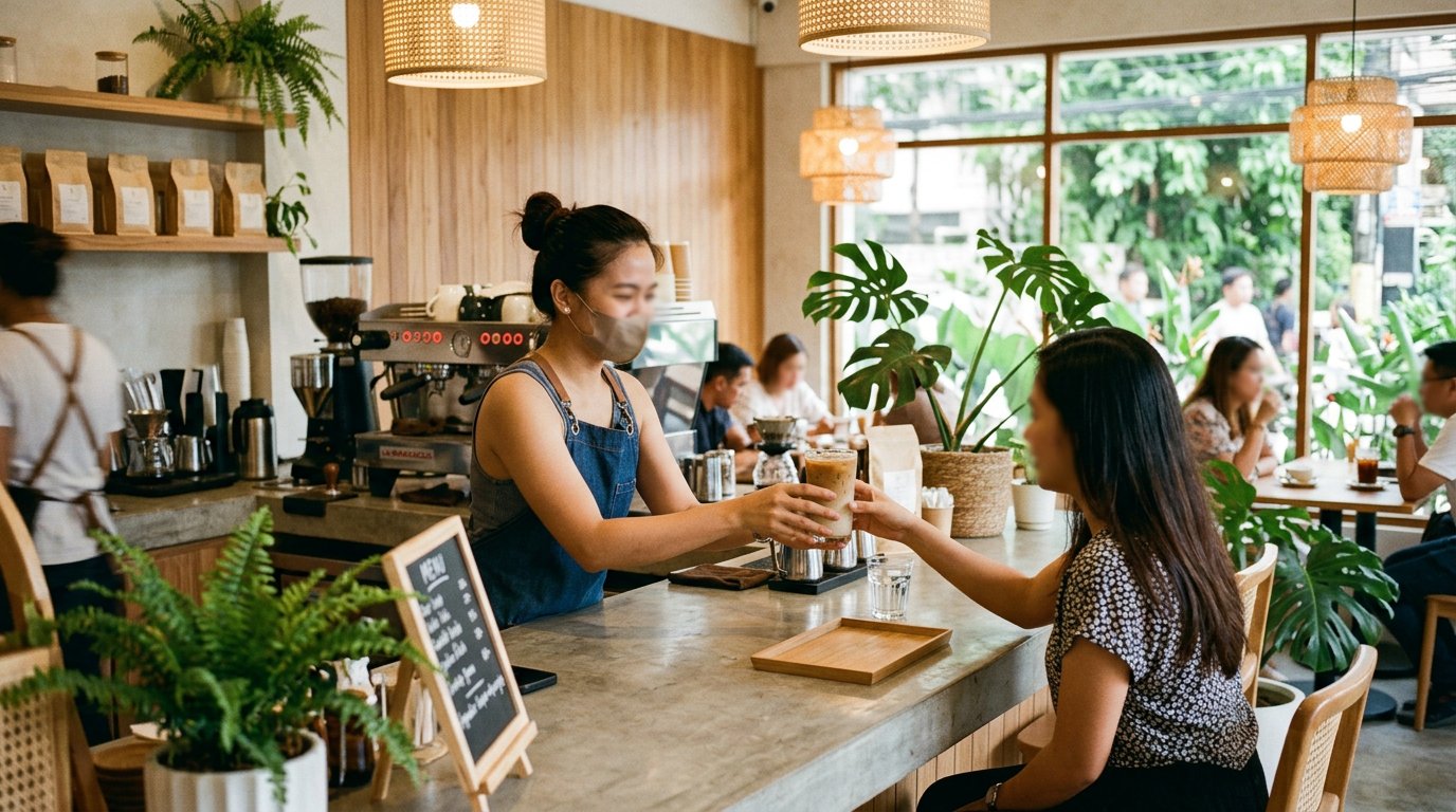 TREY café counter — warm lighting, candid service
